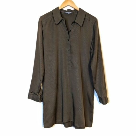 Michael Stars Cargo Green Tencel Long Sleeve Polo Collar Henley Shirt Dress L